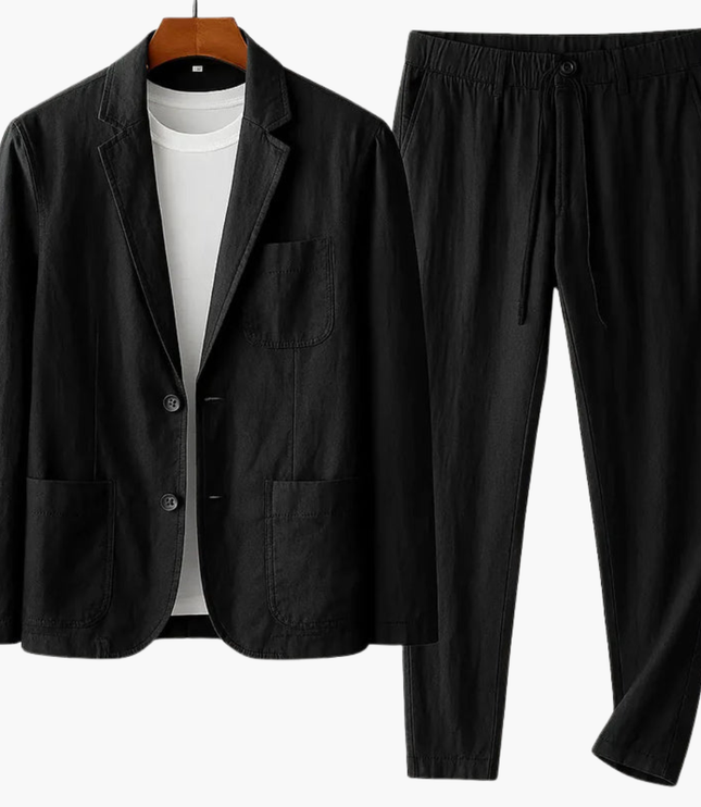 Black linen-blend two-piece suit set with notched collar and drawstring pants