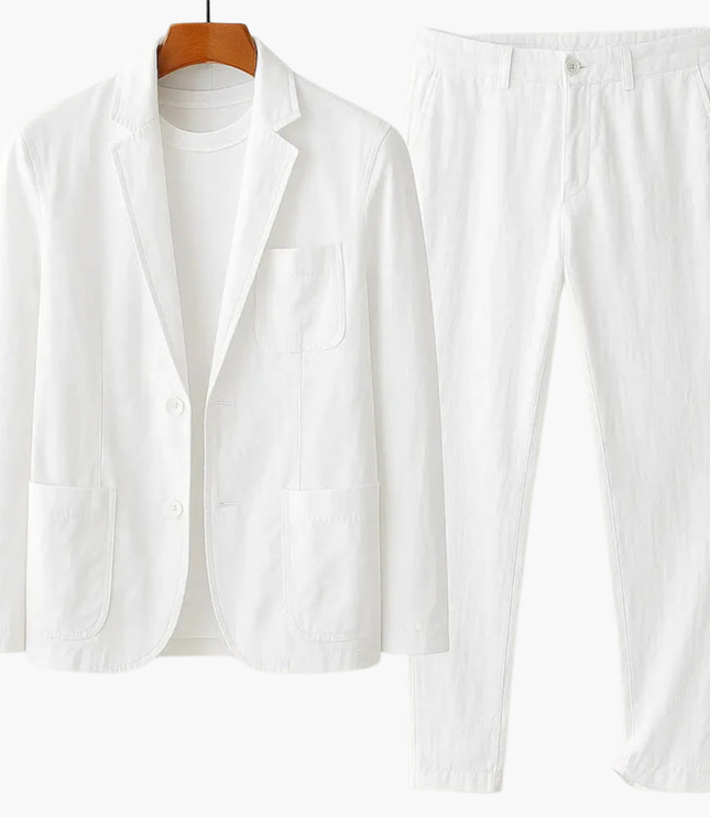 White linen-blend notched collar blazer with tailored straight-leg trousers