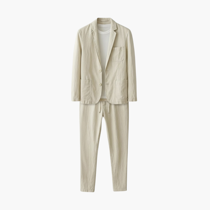 Beige linen-blend notched collar blazer set with drawstring trousers for men