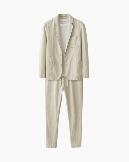 Beige linen-blend notched collar blazer set with drawstring trousers for men