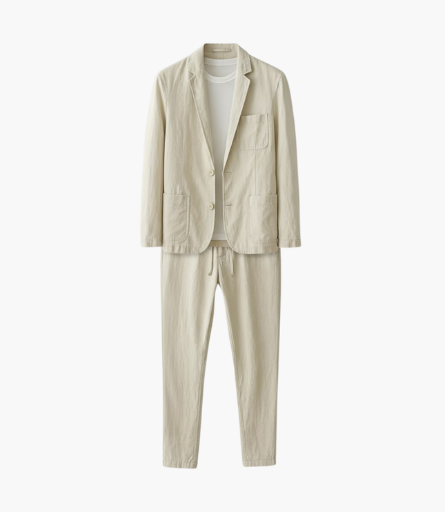 Beige linen-blend notched collar blazer set with drawstring trousers for men