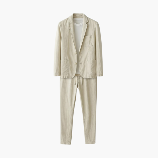 Beige linen-blend notched collar blazer set with drawstring trousers for men