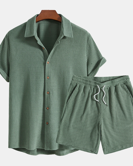 Sage green ribbed shorts set with button-up shirt combo