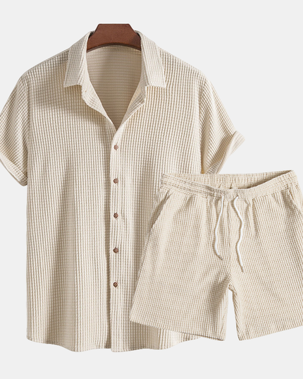 Beige ribbed button-up shirt with matching shorts set for men