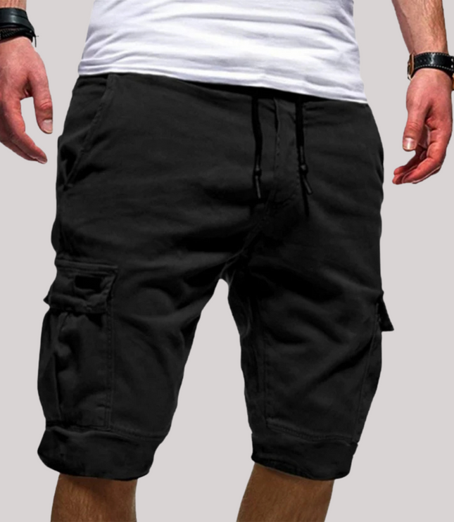 Black cargo shorts with drawstring waist and large thigh cargo pockets