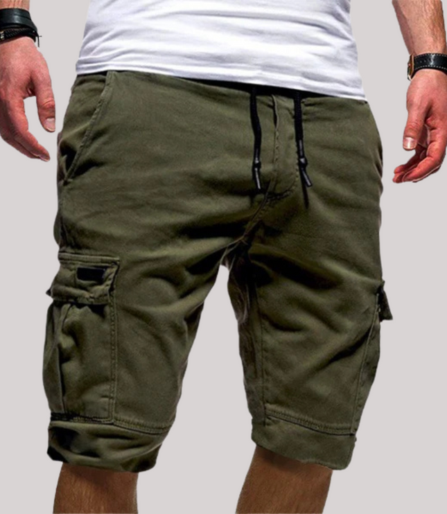 Olive green cargo shorts with drawstring, side pockets, and cuffed legs