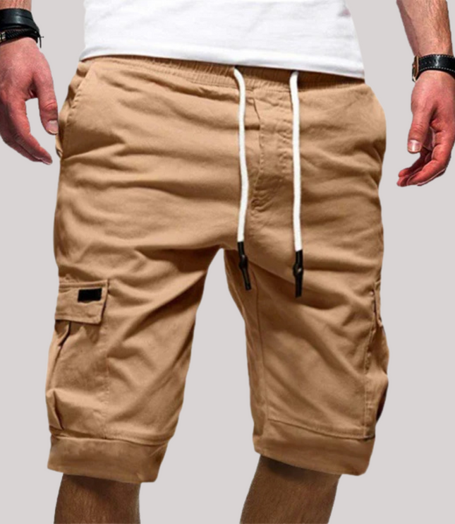 Khaki cargo shorts with white drawstring and utility side cargo pockets