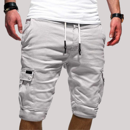 Light gray cargo shorts with drawstring, side cargo pockets, and rolled cuffs
