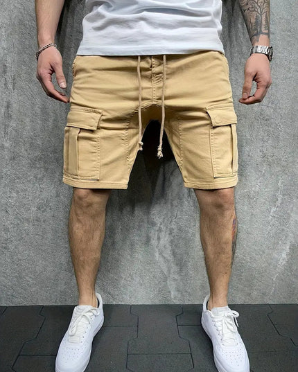 Beige cargo shorts with drawstring waist and cargo pockets
