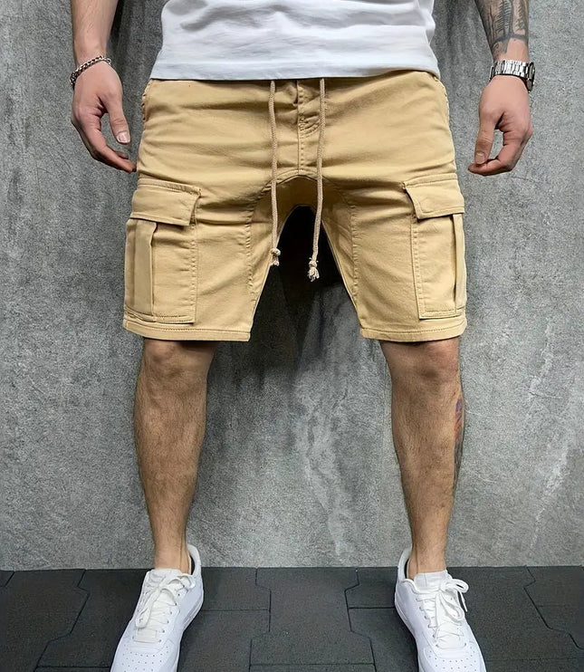 Beige cargo shorts with drawstring waist and cargo pockets