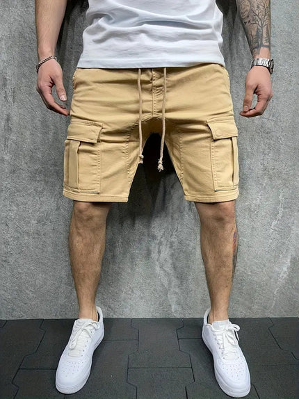 Beige cargo shorts with drawstring waist and cargo pockets