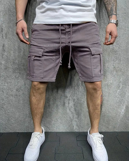 Gray cargo shorts with drawstring and multiple utility pockets