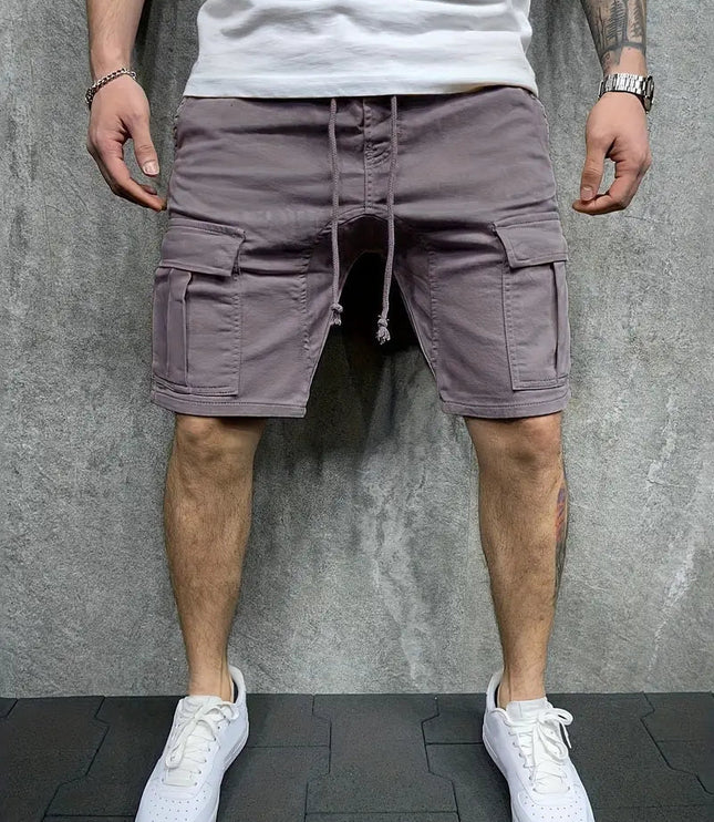 Gray cargo shorts with drawstring and multiple utility pockets
