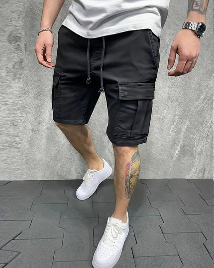 Black cargo shorts with drawstring and side cargo pockets