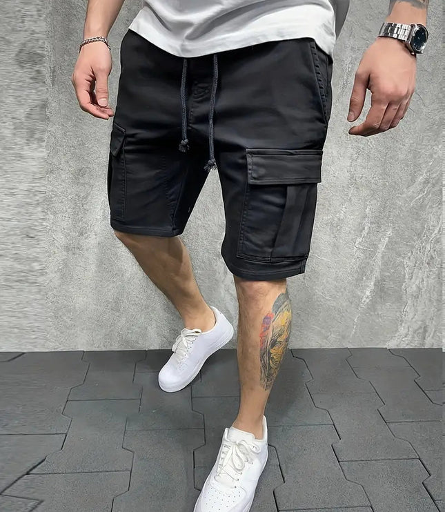 Black cargo shorts with drawstring and side cargo pockets
