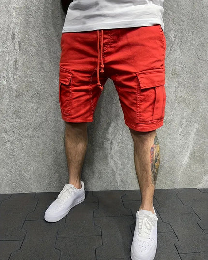 Red cargo shorts with drawstring and utility pocket details