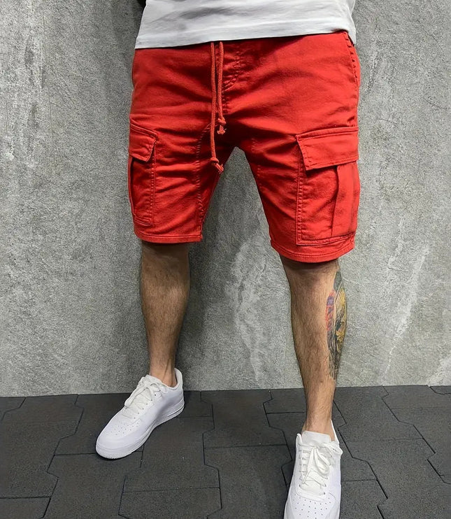 Red cargo shorts with drawstring and utility pocket details