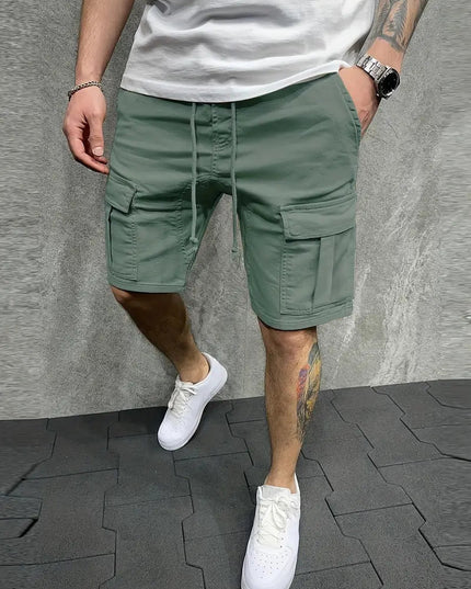 Sage green cargo shorts with drawstring and side pockets