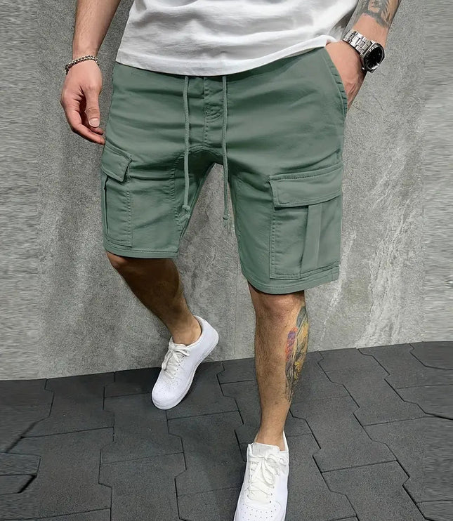 Sage green cargo shorts with drawstring and side pockets