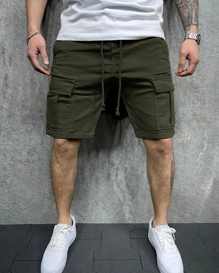 Olive cargo shorts with drawstring and functional utility pockets