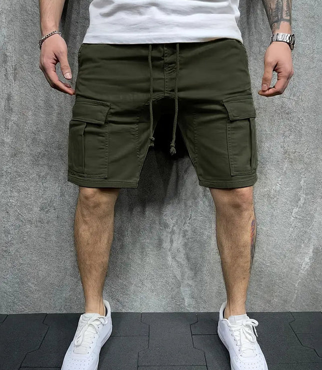 Olive cargo shorts with drawstring and functional utility pockets