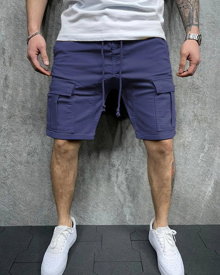 Navy cargo shorts with drawstring and side utility pockets