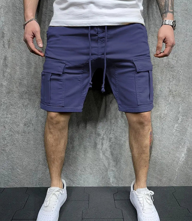 Navy cargo shorts with drawstring and side utility pockets