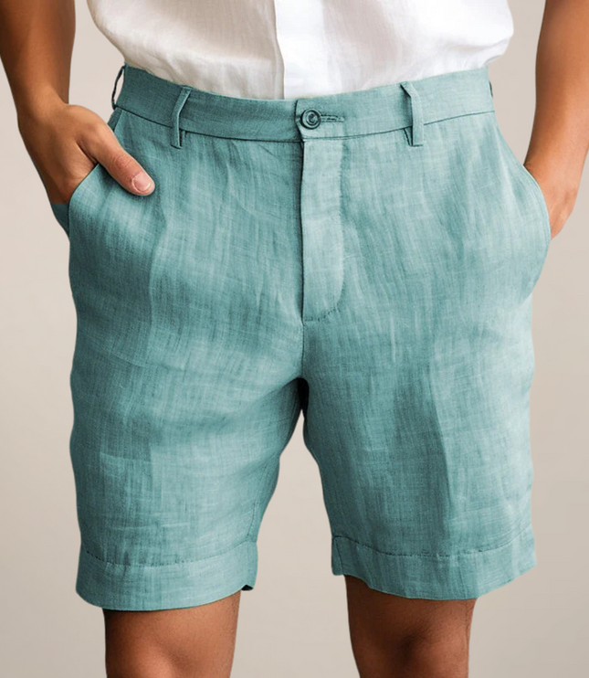 Teal linen summer shorts with straight leg silhouette and front pockets