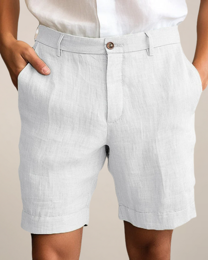 White linen casual shorts with straight leg fit and button closure