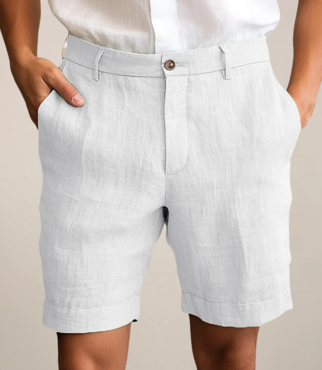 White linen casual shorts with straight leg fit and button closure