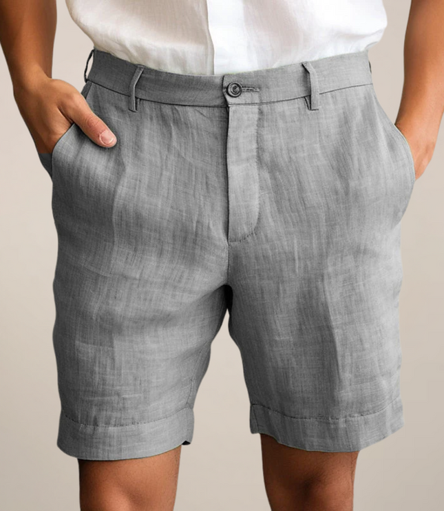 Gray linen shorts with straight leg design and rolled hem detail