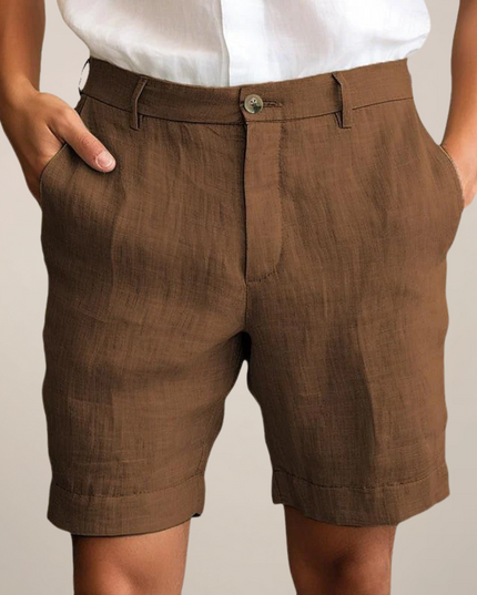 Brown linen summer shorts with straight leg cut and flat front