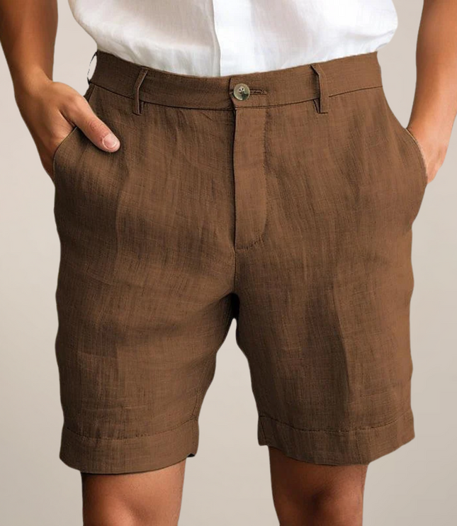 Brown linen summer shorts with straight leg cut and flat front