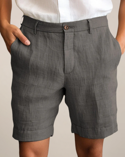 Charcoal linen casual shorts with straight leg and functional pockets