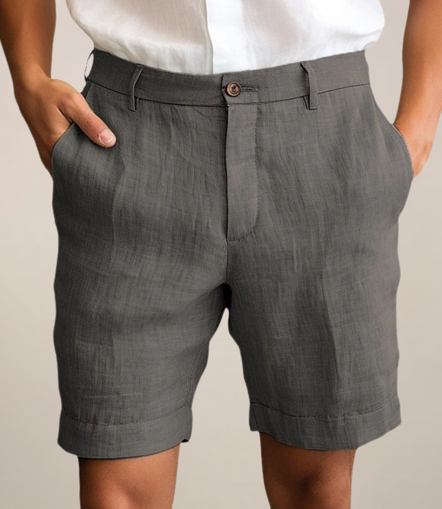 Charcoal linen casual shorts with straight leg and functional pockets