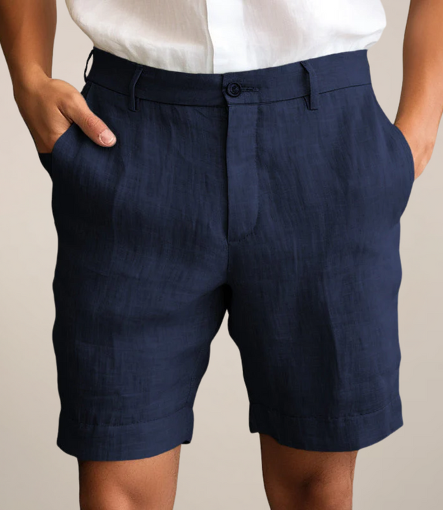 Navy blue linen shorts with straight leg fit and relaxed casual style