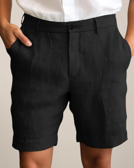 Black linen casual shorts with straight leg silhouette and cuffed hem