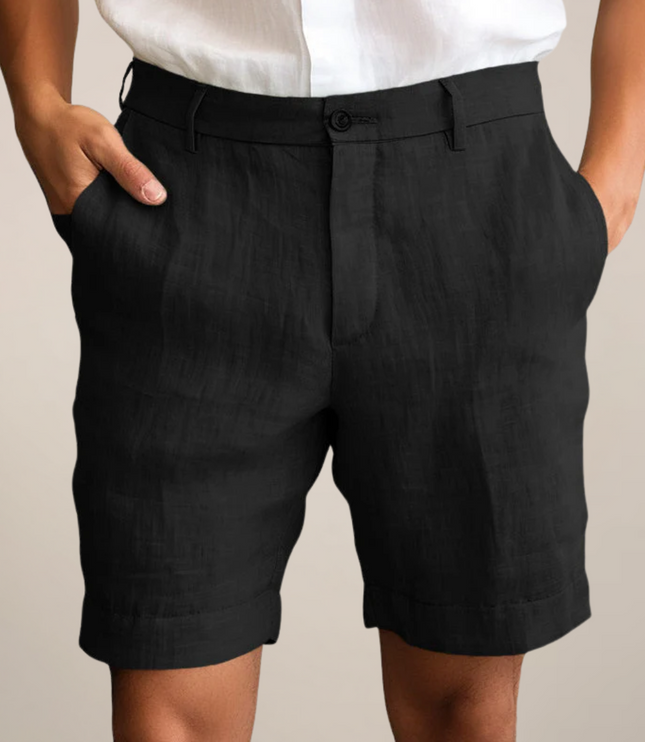 Black linen casual shorts with straight leg silhouette and cuffed hem