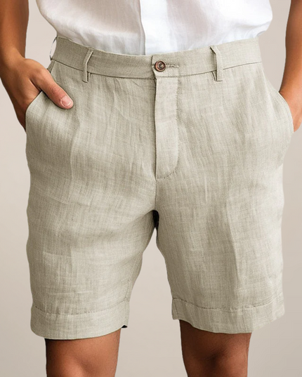 Beige linen casual shorts with straight leg cut and rolled cuffs