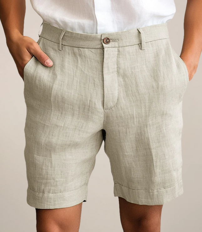 Beige linen casual shorts with straight leg cut and rolled cuffs