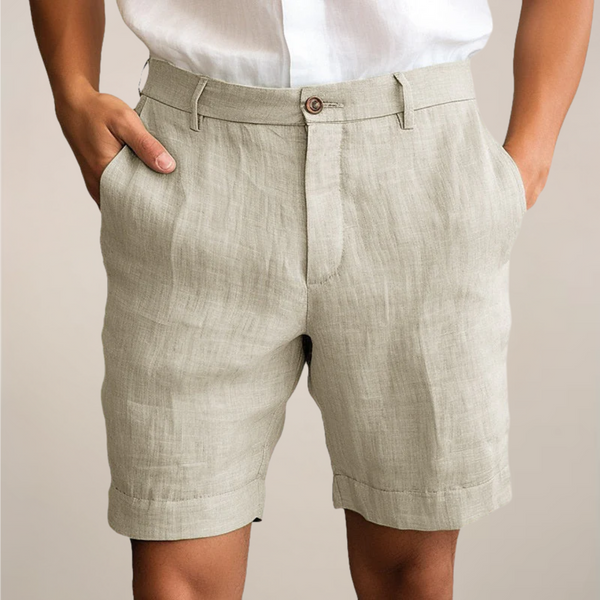 Beige linen casual shorts with straight leg cut and rolled cuffs