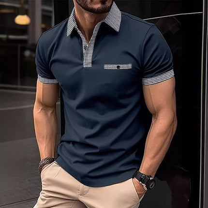 Polo de hombre de punto con ribete a cuadros y manga corta