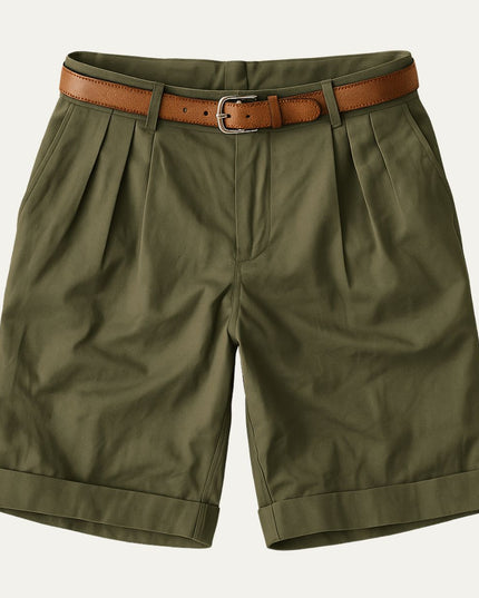 Olive green double pleat chino shorts with brown leather belt