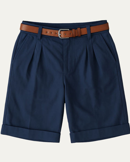 Navy blue double pleat chino shorts with brown belt and cuffed hem