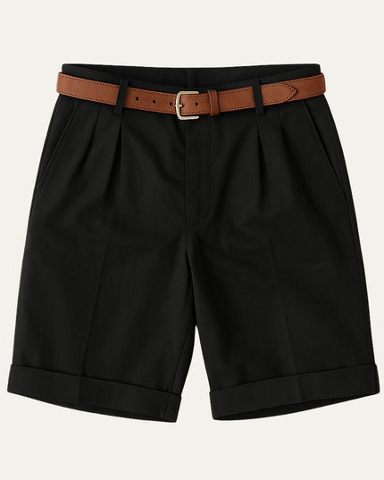 Black double pleat chino shorts with brown belt and rolled cuffs