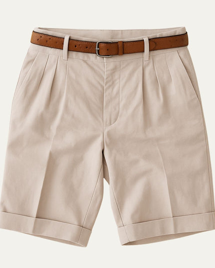 Beige double pleat chino shorts with brown leather belt and cuffed hem