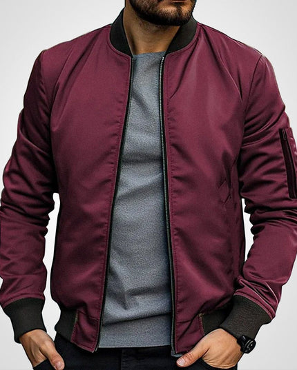 Men's Classic Slim-Fit Zip-Up Bomber Jacket - Burgundy