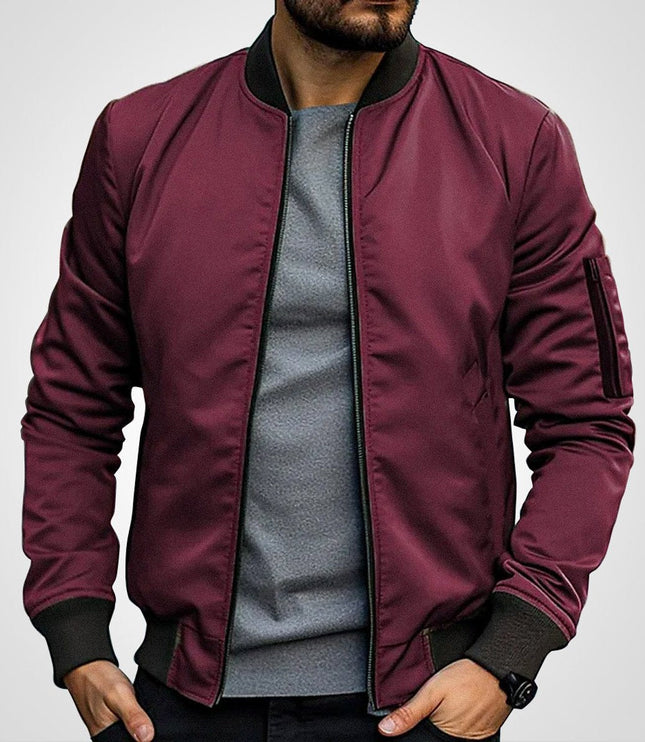 Men's Classic Slim-Fit Zip-Up Bomber Jacket - Burgundy
