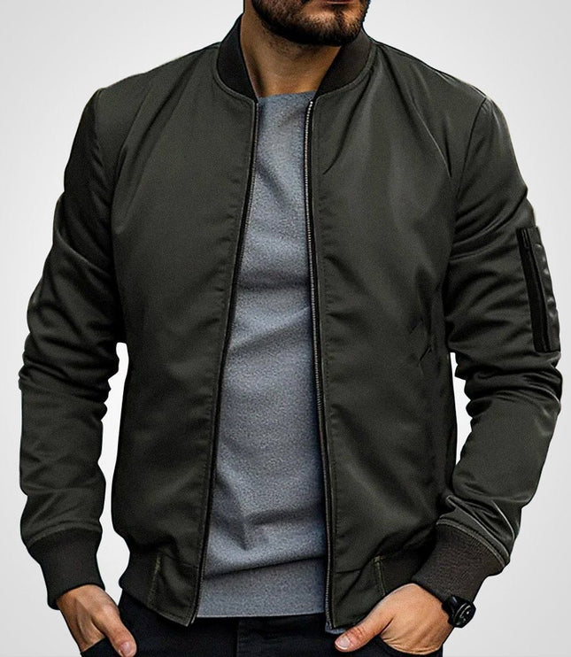 Men's Classic Slim-Fit Zip-Up Bomber Jacket - Olive Green