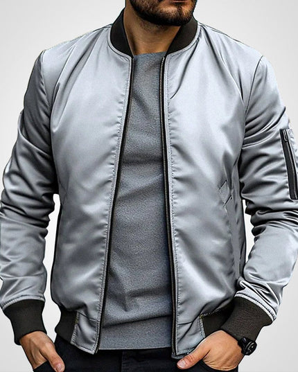 Men's Classic Slim-Fit Zip-Up Bomber Jacket - Light Gray